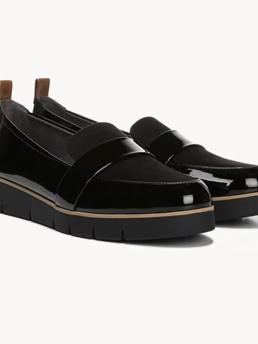 Dr. Scholl's Black Patent and Suede Platform Loafers with Tan Heel Tab